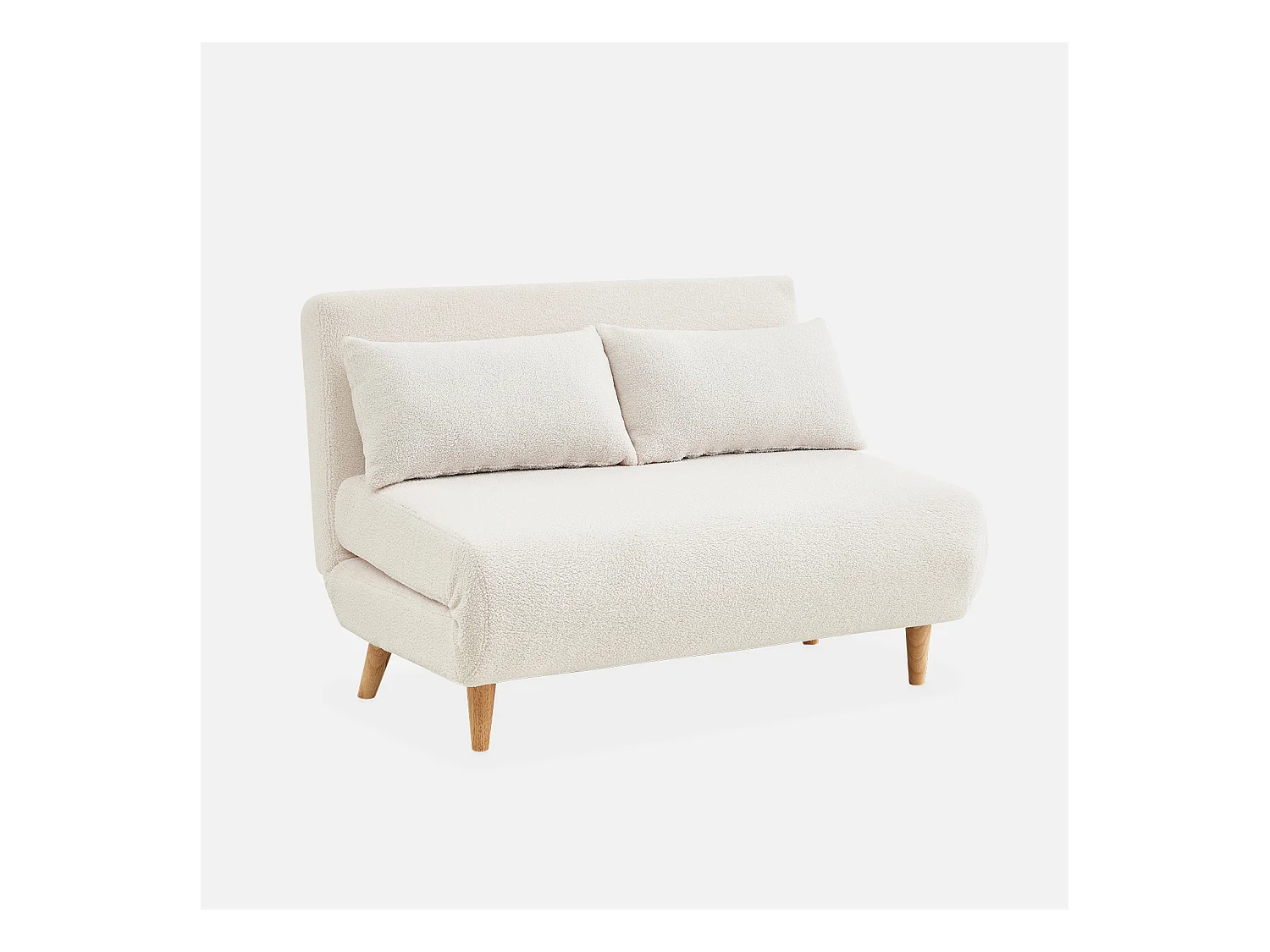 Canapé convertible en tissu bouclettes crème - Guesta - 2 places scandinave. pieds bois foncé. banquette. dossier inclinable
