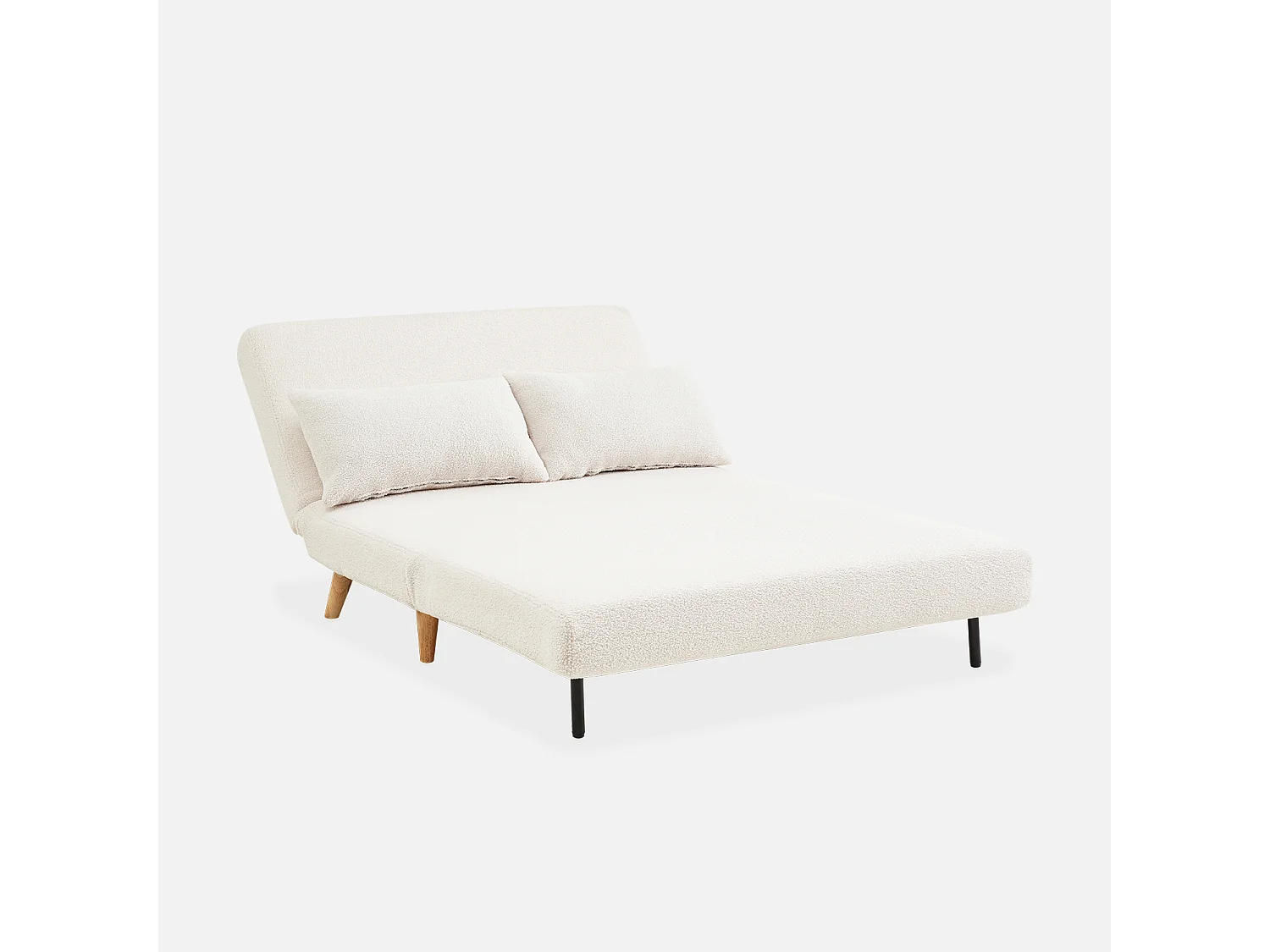 Canapé convertible en tissu bouclettes crème - Guesta - 2 places scandinave. pieds bois foncé. banquette. dossier inclinable