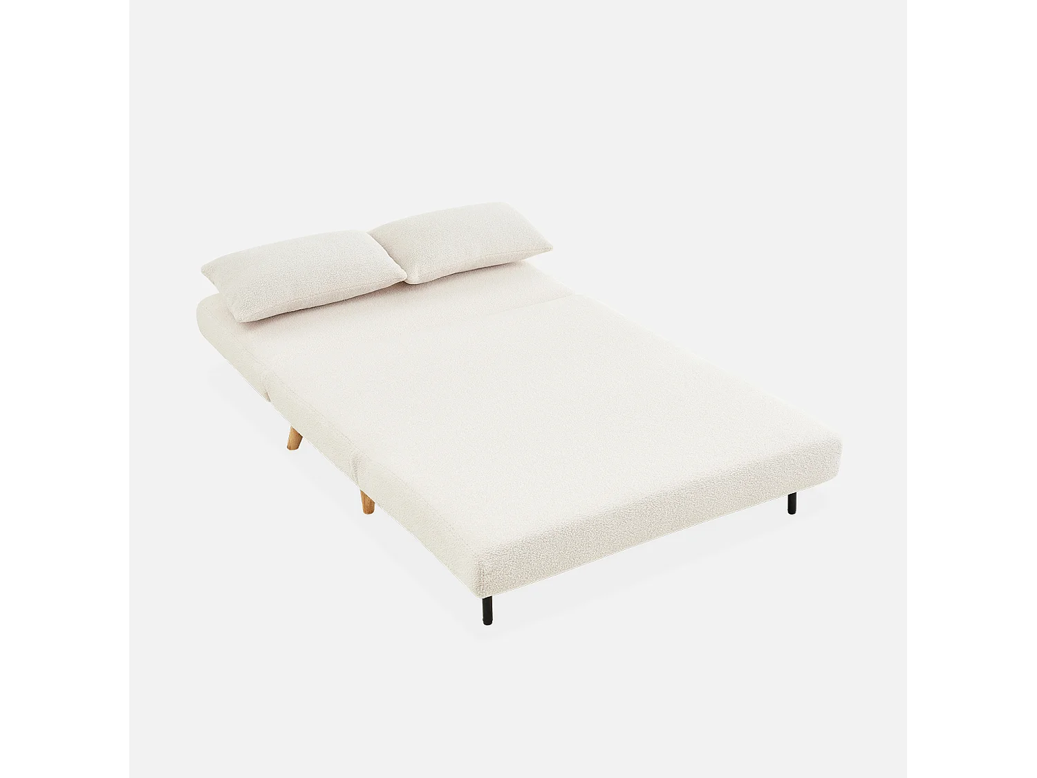 Canapé convertible en tissu bouclettes crème - Guesta - 2 places scandinave. pieds bois foncé. banquette. dossier inclinable