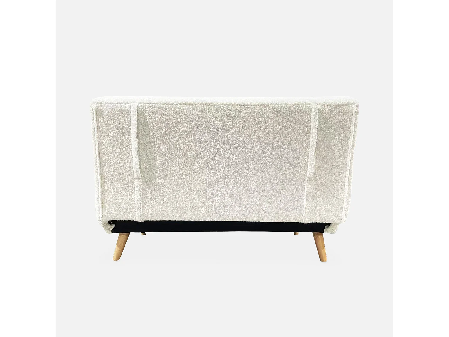 Canapé convertible en tissu bouclettes crème - Guesta - 2 places scandinave. pieds bois foncé. banquette. dossier inclinable