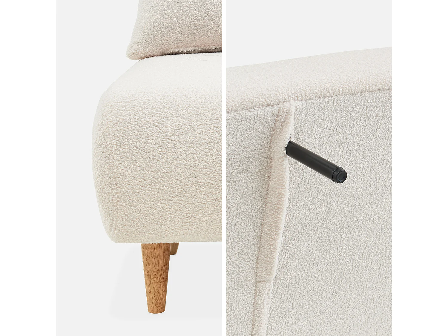 Canapé convertible en tissu bouclettes crème - Guesta - 2 places scandinave. pieds bois foncé. banquette. dossier inclinable