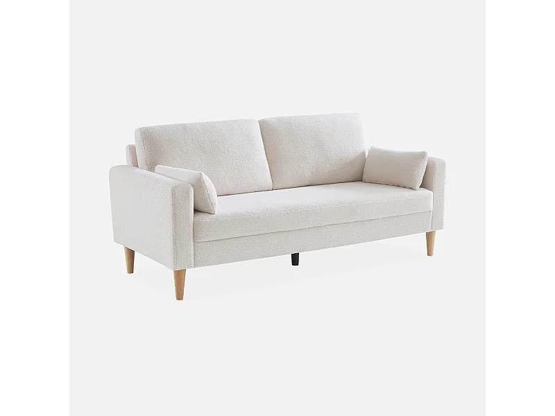 Divano scandinavo in tessuto bouclé e legno, 3 posti, bianco