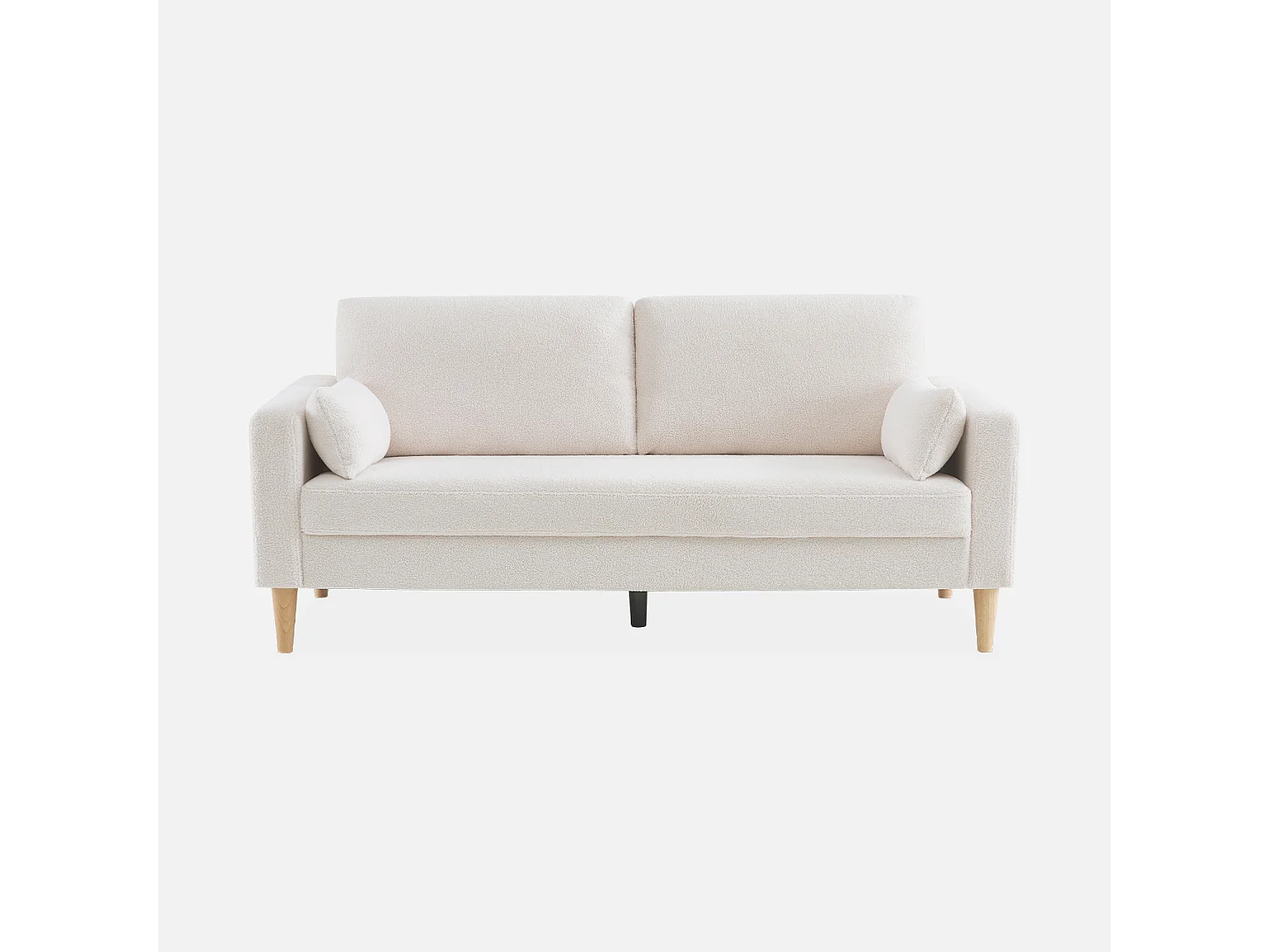 Divano stile scandinavo in legno e bouclé, 3 posti, crema