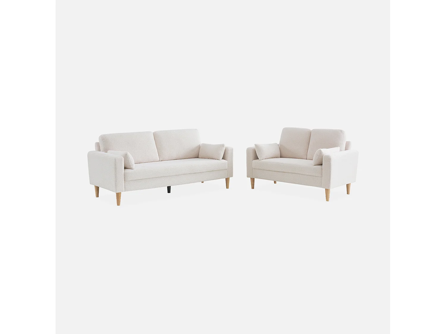 Divano stile scandinavo in legno e bouclé, 3 posti, crema