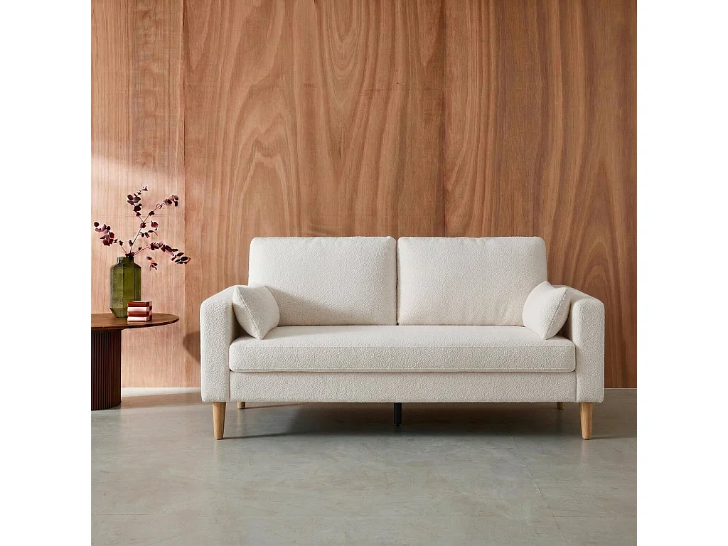 Divano stile scandinavo in legno e bouclé, 3 posti, crema