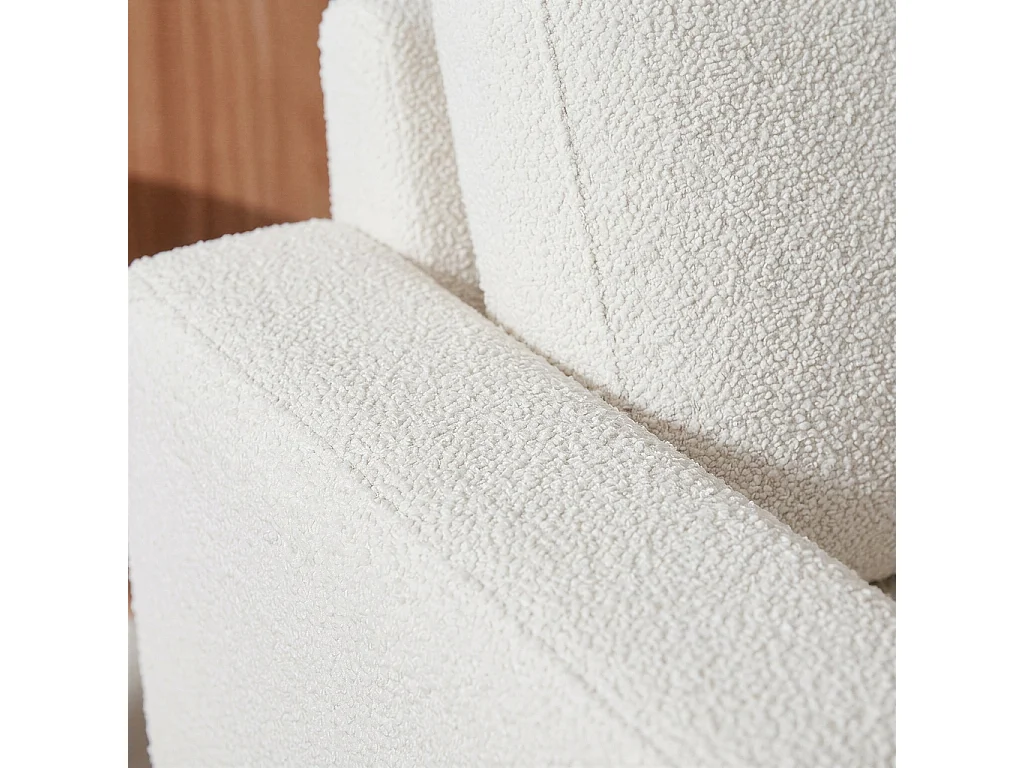 Divano stile scandinavo in legno e bouclé, 3 posti, crema