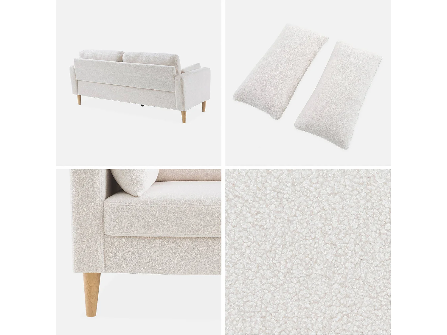 Divano stile scandinavo in legno e bouclé, 3 posti, crema