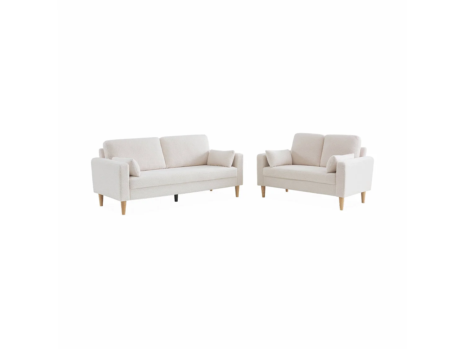 Divano stile scandinavo in legno e bouclé, 3 posti, crema