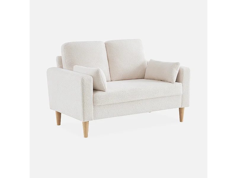 Divano scandinavo in tessuto bouclé e legno, 2 posti, bianco
