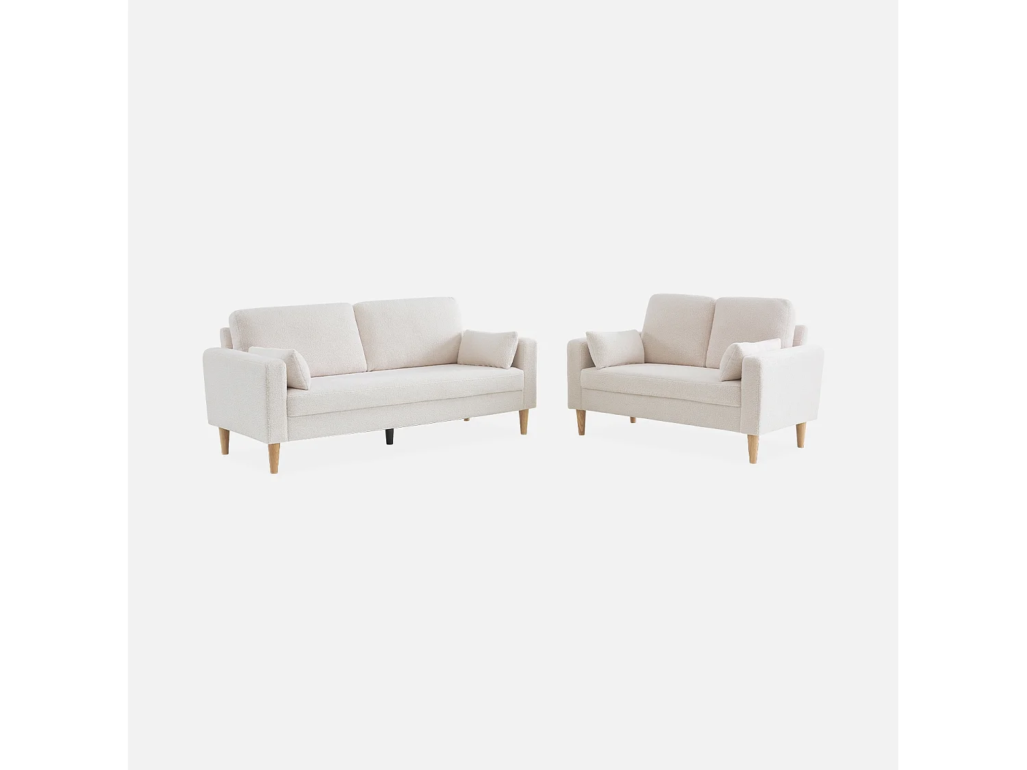 Canapé à bouclettes crème - Bjorn - Canapé 2 places fixe droit pieds bois. style scandinave