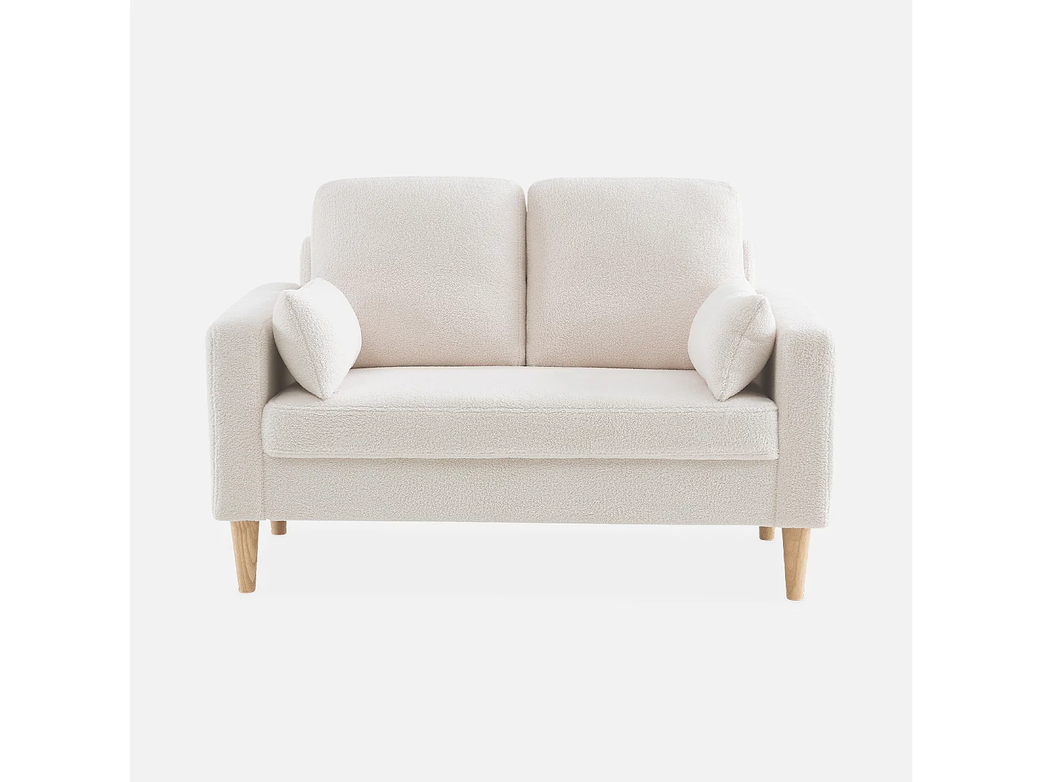 Sofá de tejido borreguito con patas de madera, 2 plazas crema