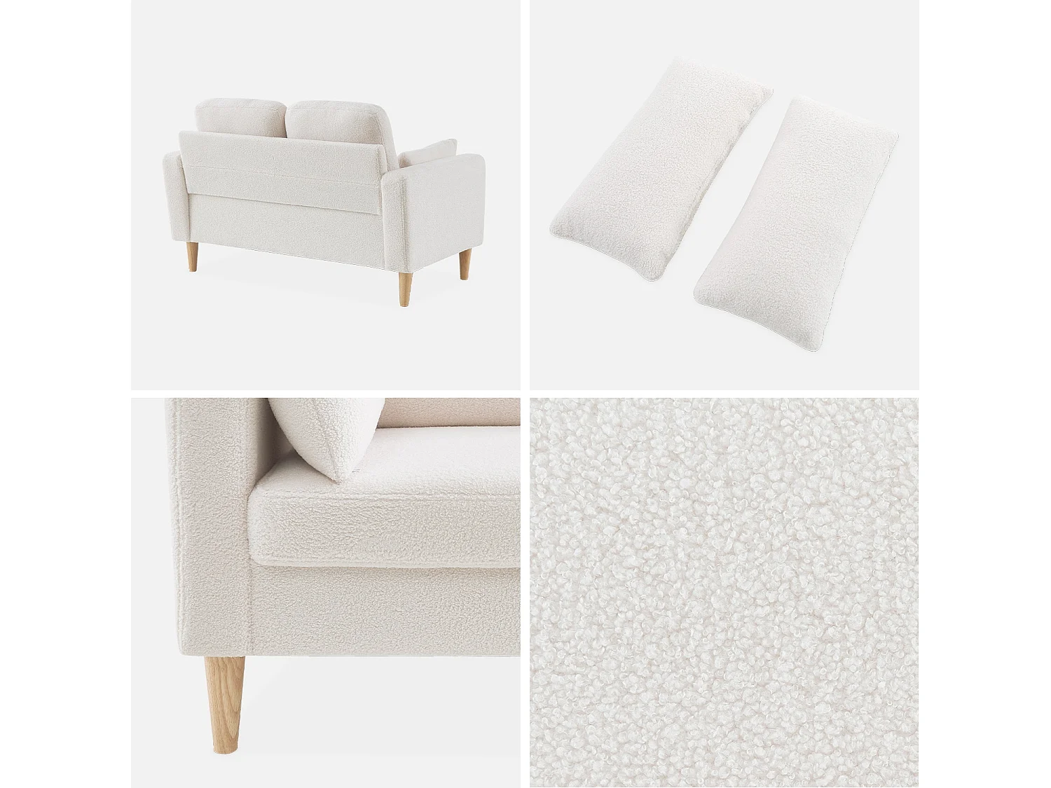 Sofá de tejido borreguito con patas de madera, 2 plazas crema