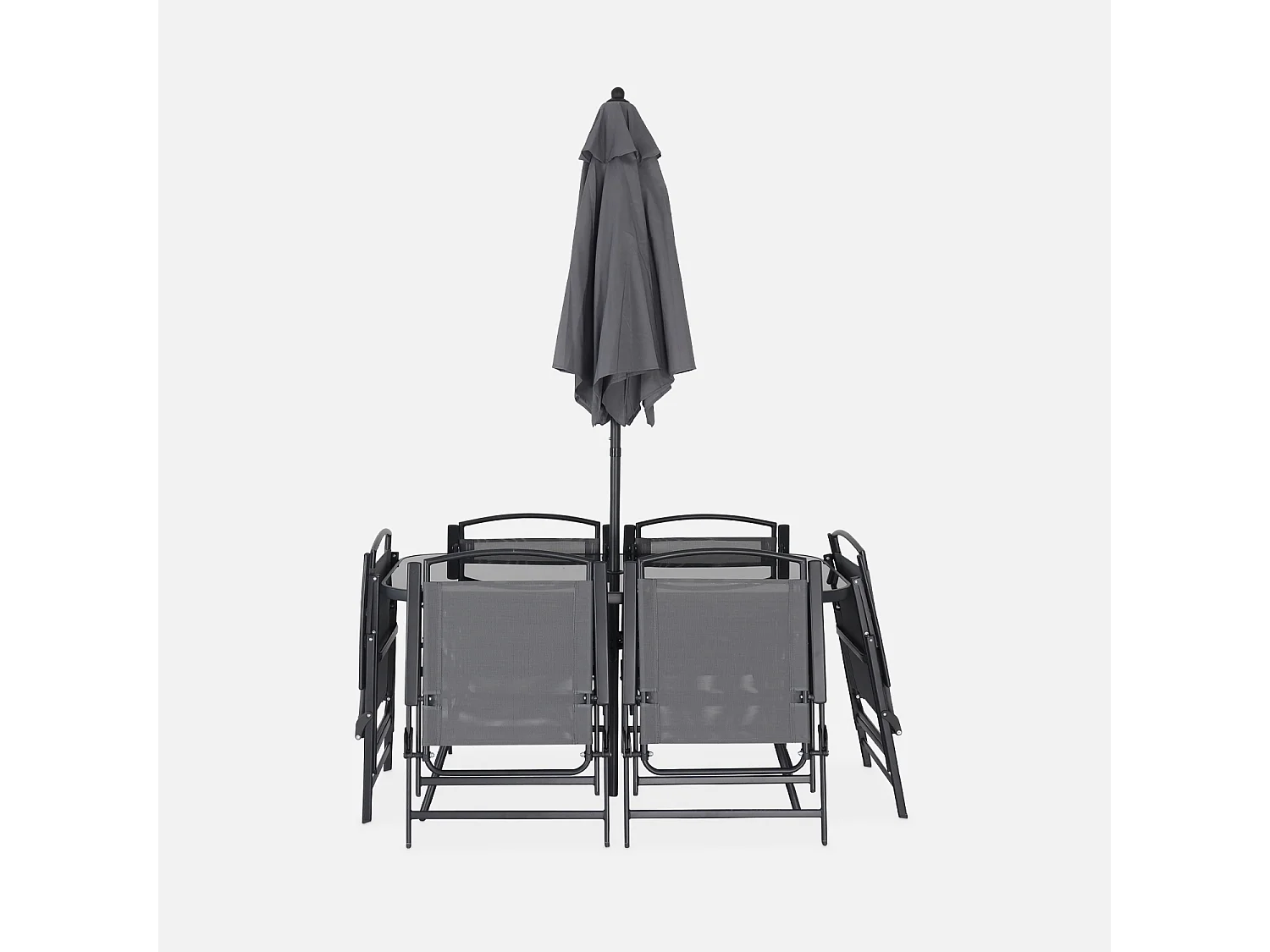 Table de jardin acier avec parasol + 6 assises. anthracite. structure acier avec revêtement anti rouille