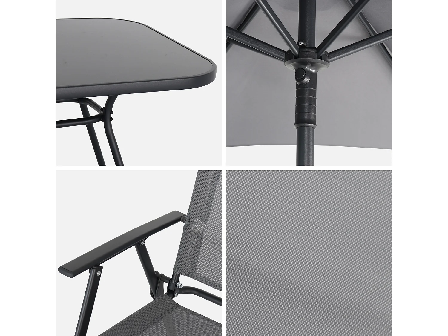 Table de jardin acier avec parasol + 6 assises. anthracite. structure acier avec revêtement anti rouille