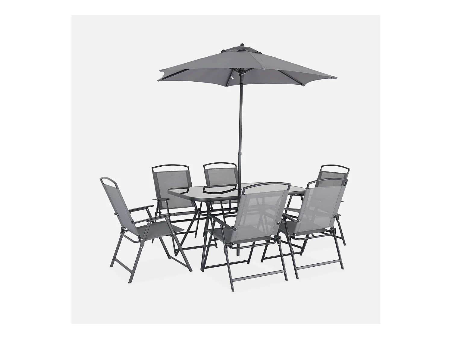 Table de jardin acier avec parasol + 6 assises. anthracite. structure acier avec revêtement anti rouille
