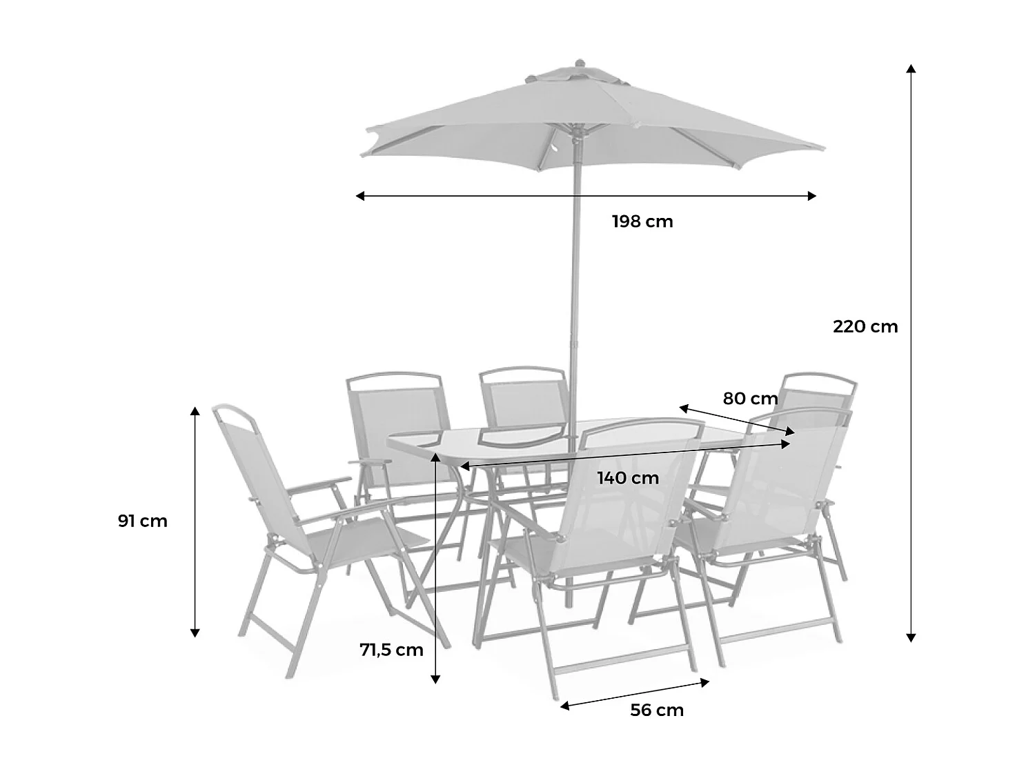 Set tavolo da giardino in acciaio, 6 poltrone e 1 ombrellone, grigio