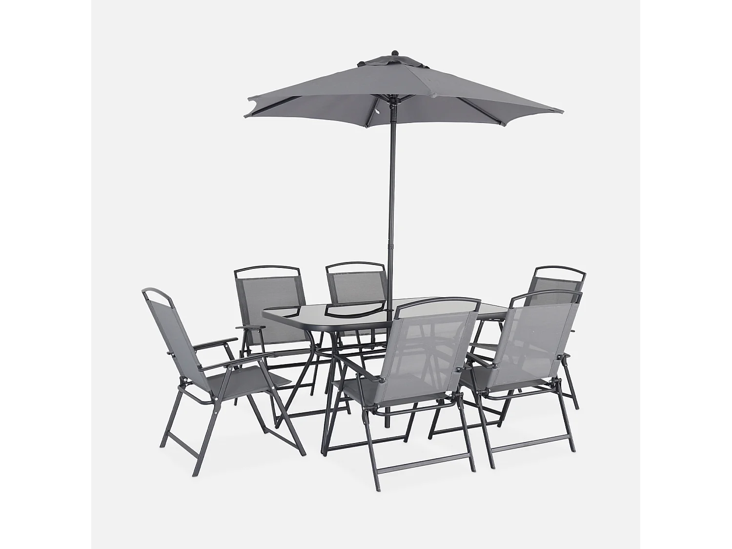 Set tavolo da giardino in acciaio, 6 poltrone e 1 ombrellone, grigio