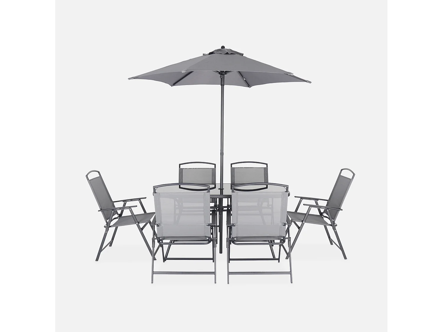 Set tavolo da giardino in acciaio, 6 poltrone e 1 ombrellone, grigio