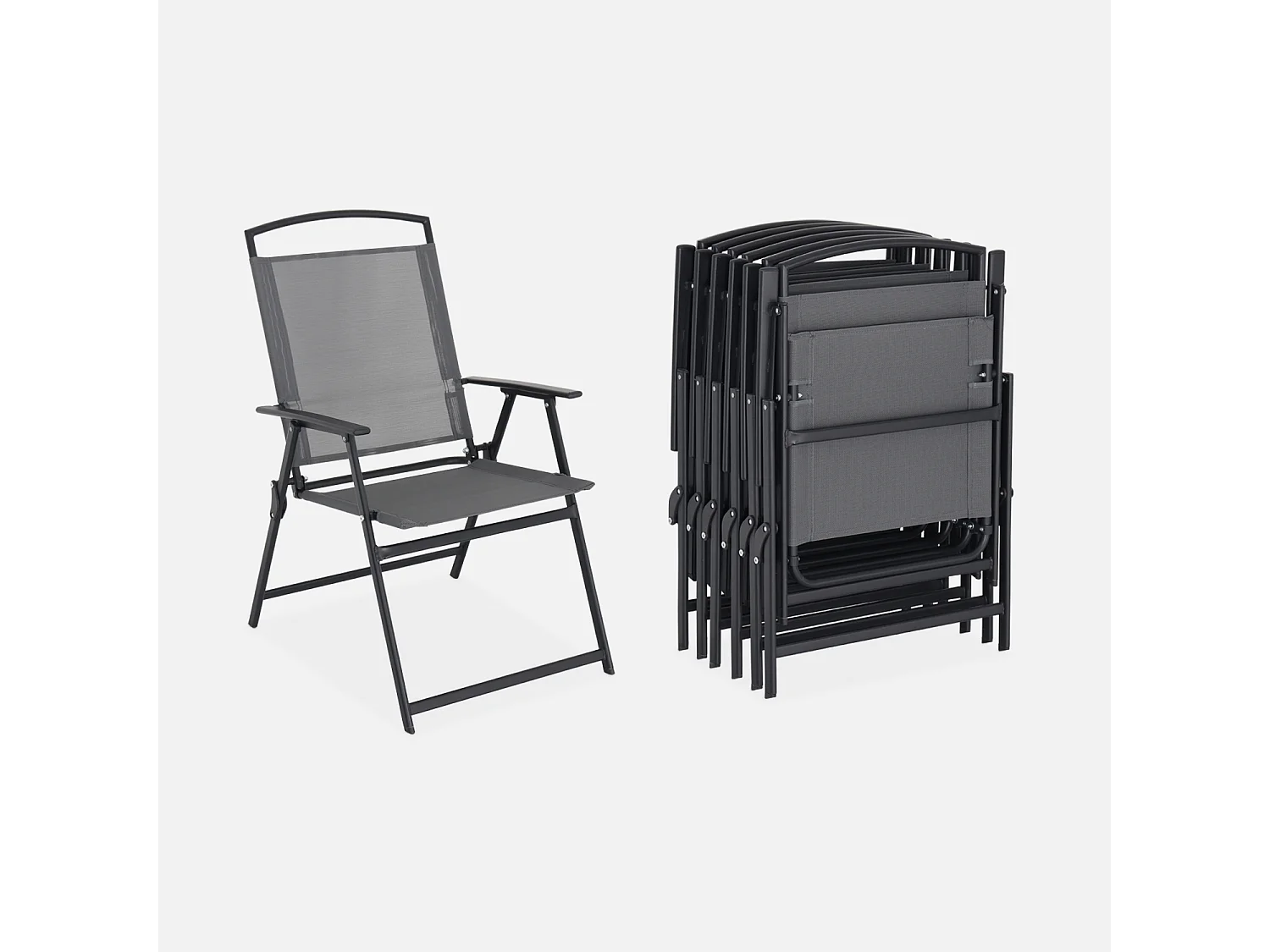 Set tavolo da giardino in acciaio, 6 poltrone e 1 ombrellone, grigio