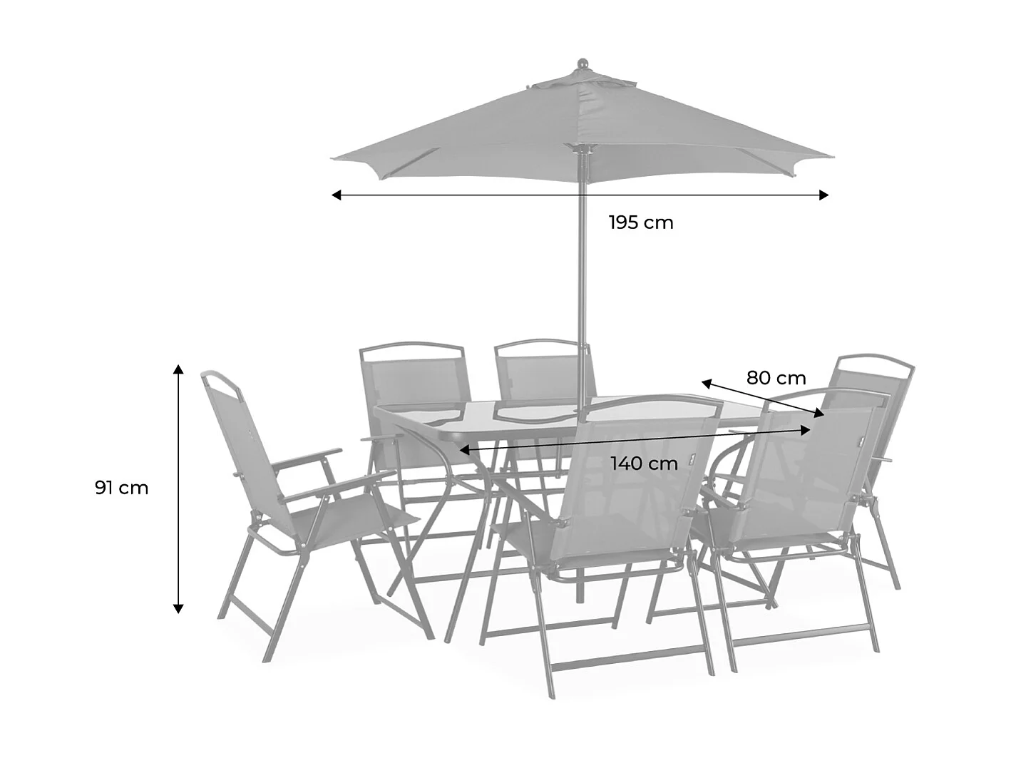 Set tavolo da giardino in acciaio, 6 poltrone e 1 ombrellone, grigio