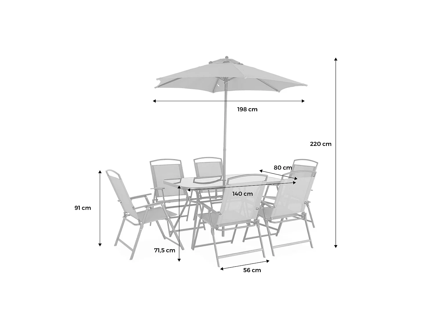 Set tavolo da giardino in acciaio con 6 poltrone e 1 ombrellone, Sonia, Antracite, 140x80x71.5 cm