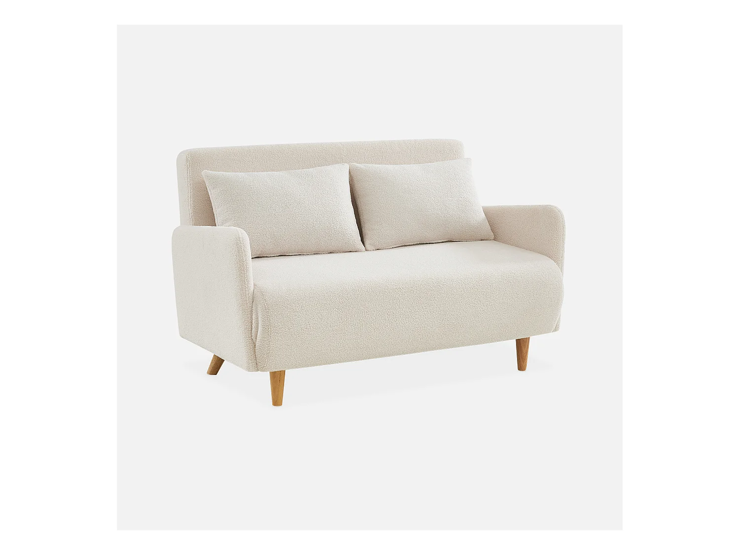 Canapé convertible 2 places scandinave - Panam - pieds bois. bouclettes crème. banquette. dossier inclinable