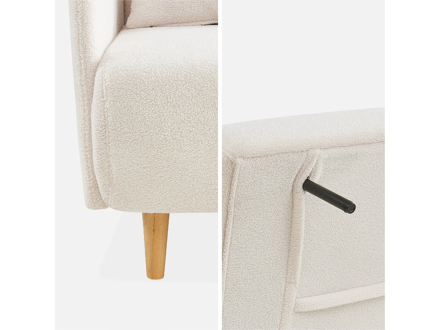 Canapé convertible 2 places scandinave - Panam - pieds bois. bouclettes crème. banquette. dossier inclinable