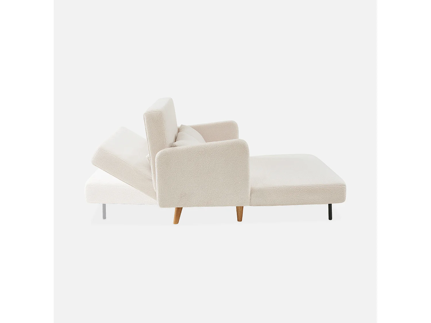 Divano letto in bouclé con gambe in legno, 2 posti, crema