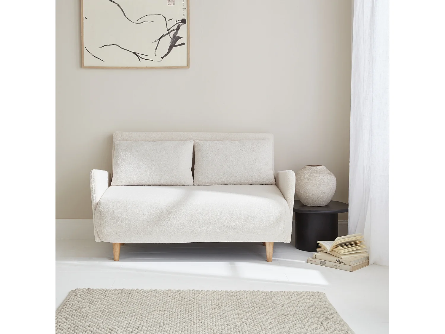 Divano letto in bouclé con gambe in legno, 2 posti, crema