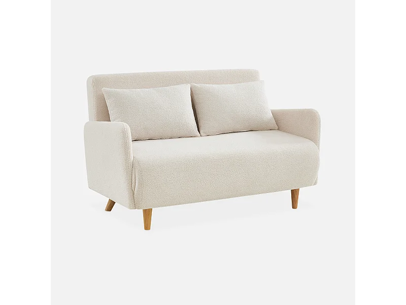 Canapé convertible 2 places scandinave - Panam - pieds bois. bouclettes crème. banquette. dossier inclinable