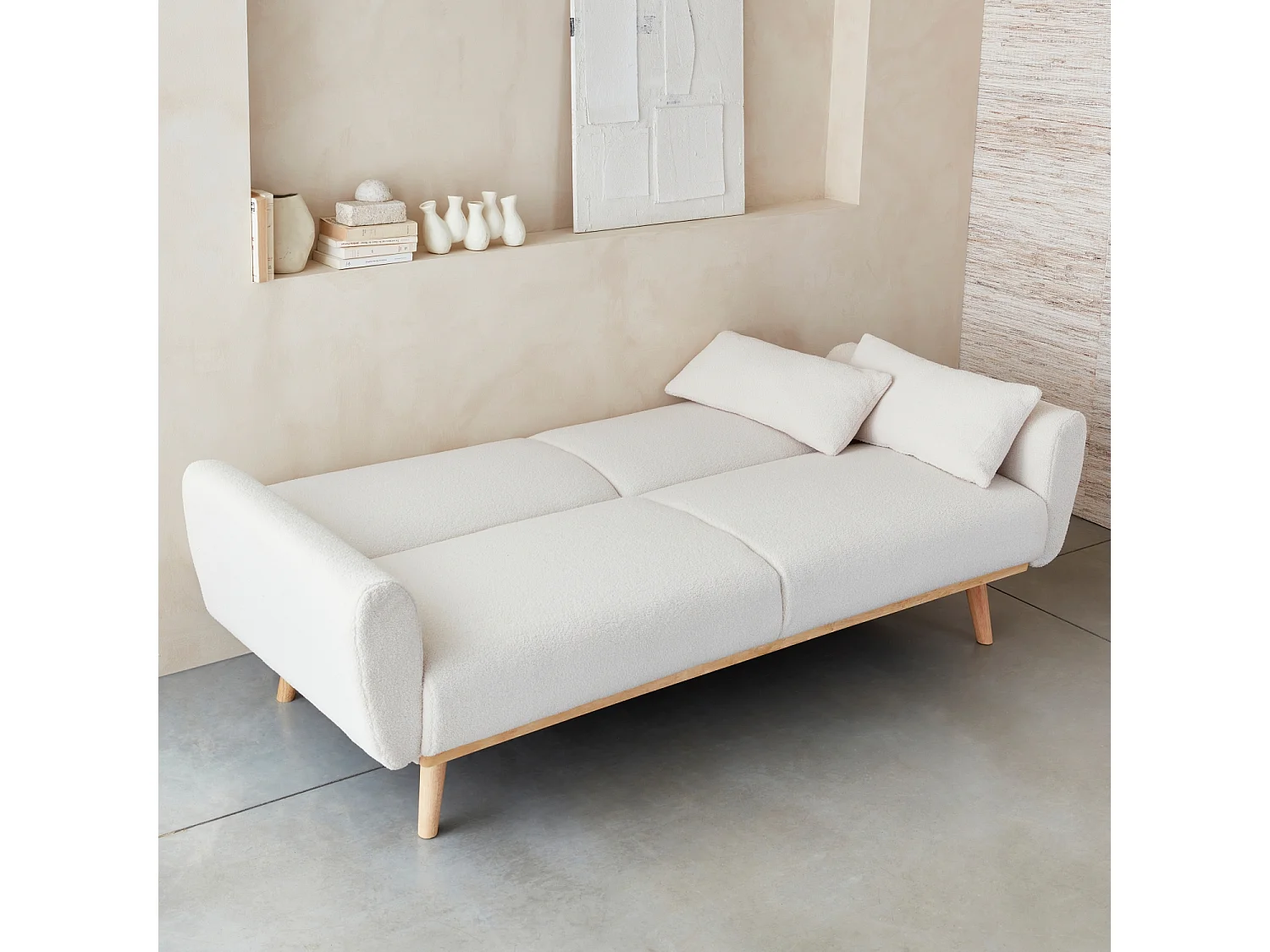 Canapé convertible à bouclettes crème - Oskar - 2 - 3 places scandinave droit avec pieds bois
