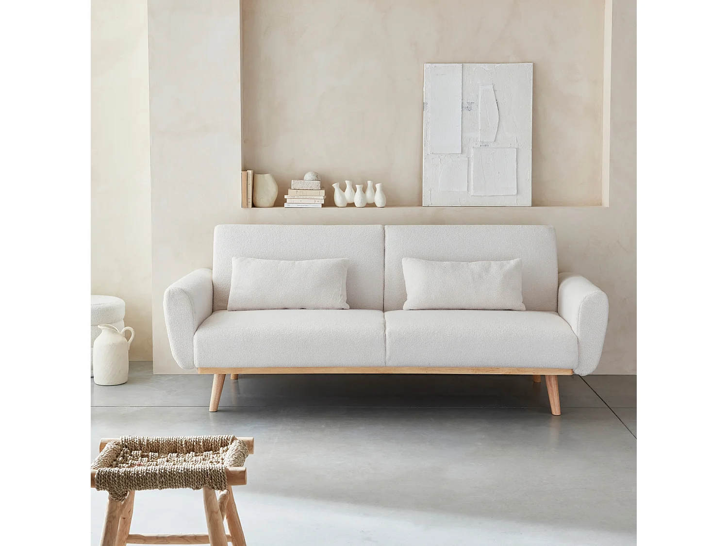 Canapé convertible à bouclettes crème - Oskar - 2 - 3 places scandinave droit avec pieds bois