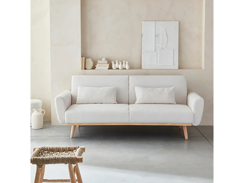 Canapé convertible à bouclettes crème - Oskar - 2 - 3 places scandinave droit avec pieds bois