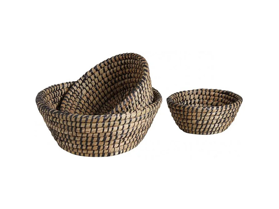 Corbeilles rondes en jonc naturelles et noires (lot de 3)