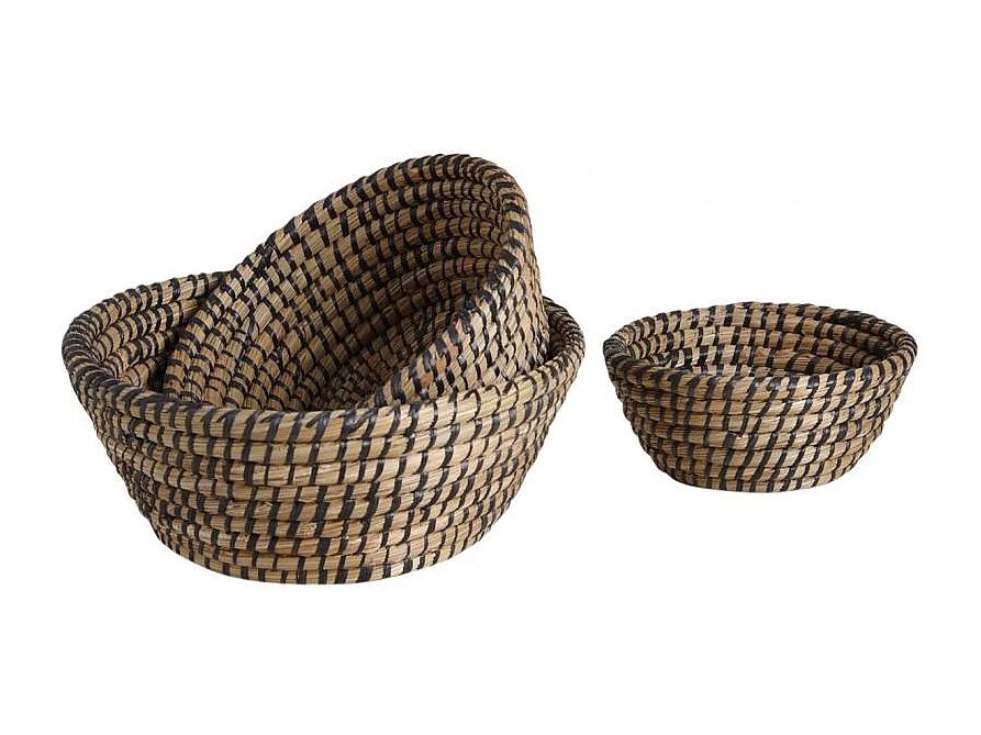 Corbeilles rondes en jonc naturelles et noires (lot de 3)