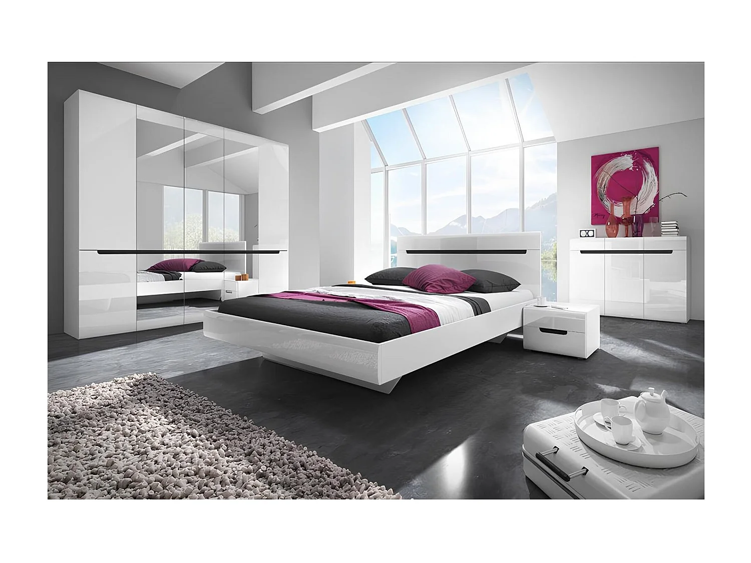 Chambre complète HEKTOR 160x200 cm en blanc - AVEC ARMOIRE