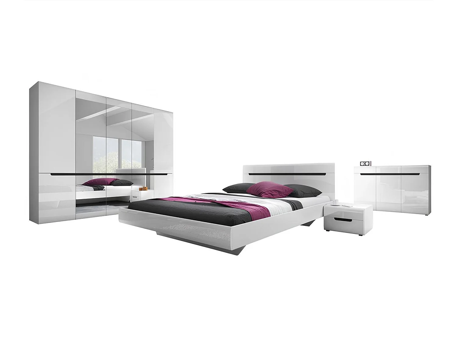 Chambre complète HEKTOR 160x200 cm en blanc - AVEC ARMOIRE