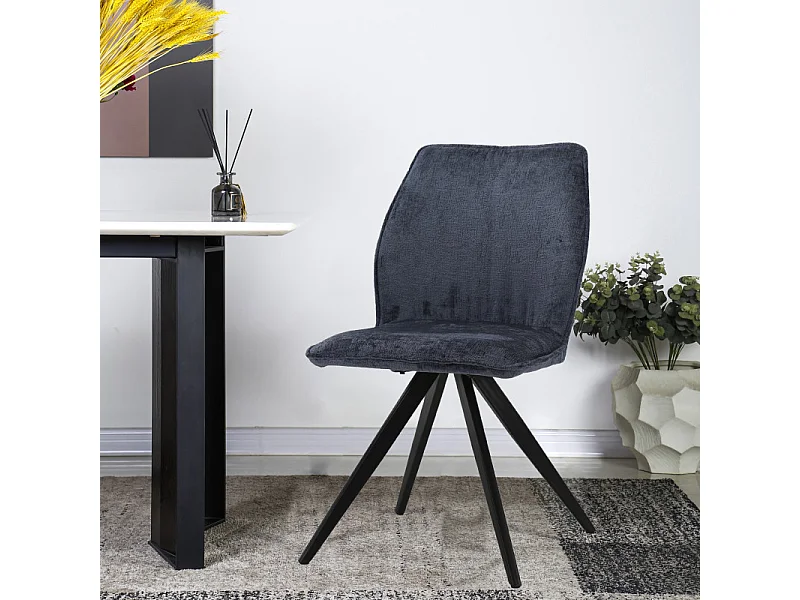 Chaise en velours doux bleu nuit et pied croix en métal noir - JAMES