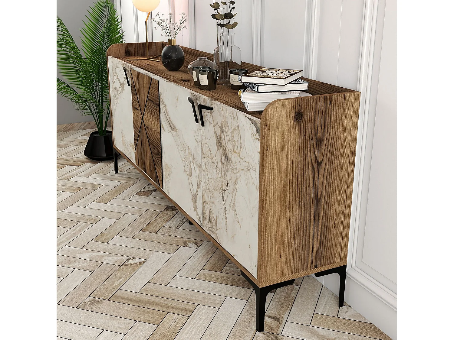 Buffet bas 4 portes Zenger 180cm Bois Naturel et Blanc effet marbre et Métal Noir