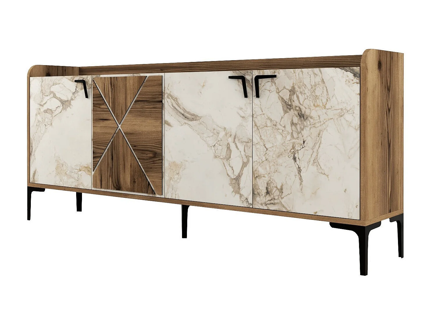 Buffet bas 4 portes Zenger 180cm Bois Naturel et Blanc effet marbre et Métal Noir