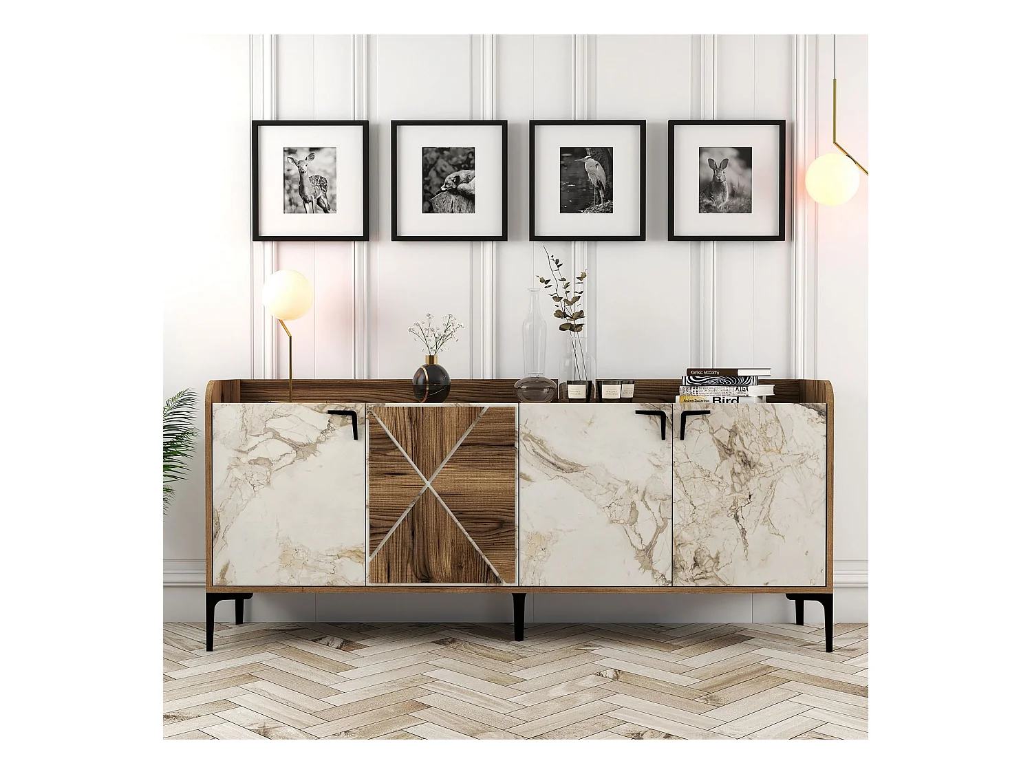 Buffet bas 4 portes Zenger 180cm Bois Naturel et Blanc effet marbre et Métal Noir
