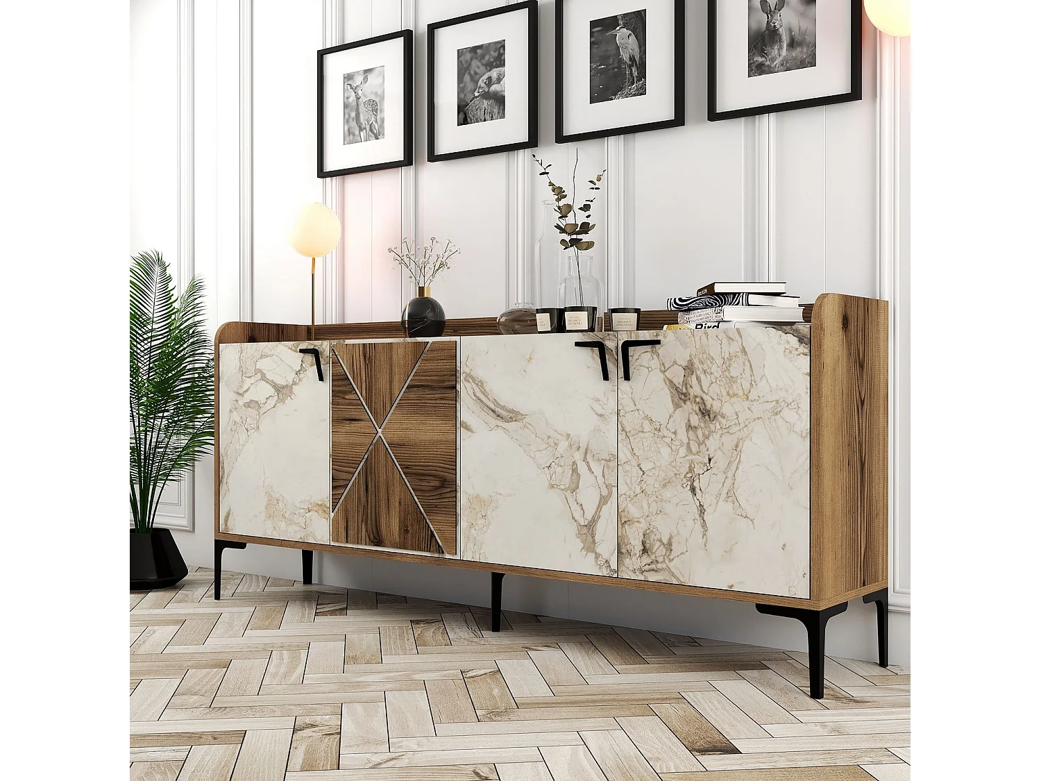 Buffet bas 4 portes Zenger 180cm Bois Naturel et Blanc effet marbre et Métal Noir