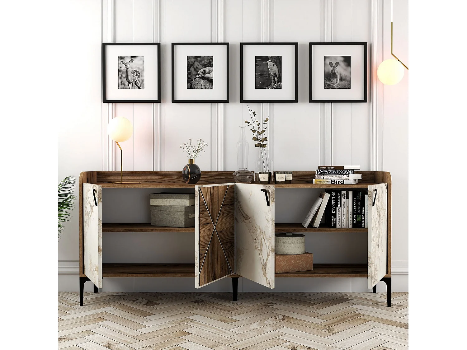 Buffet bas 4 portes Zenger 180cm Bois Naturel et Blanc effet marbre et Métal Noir
