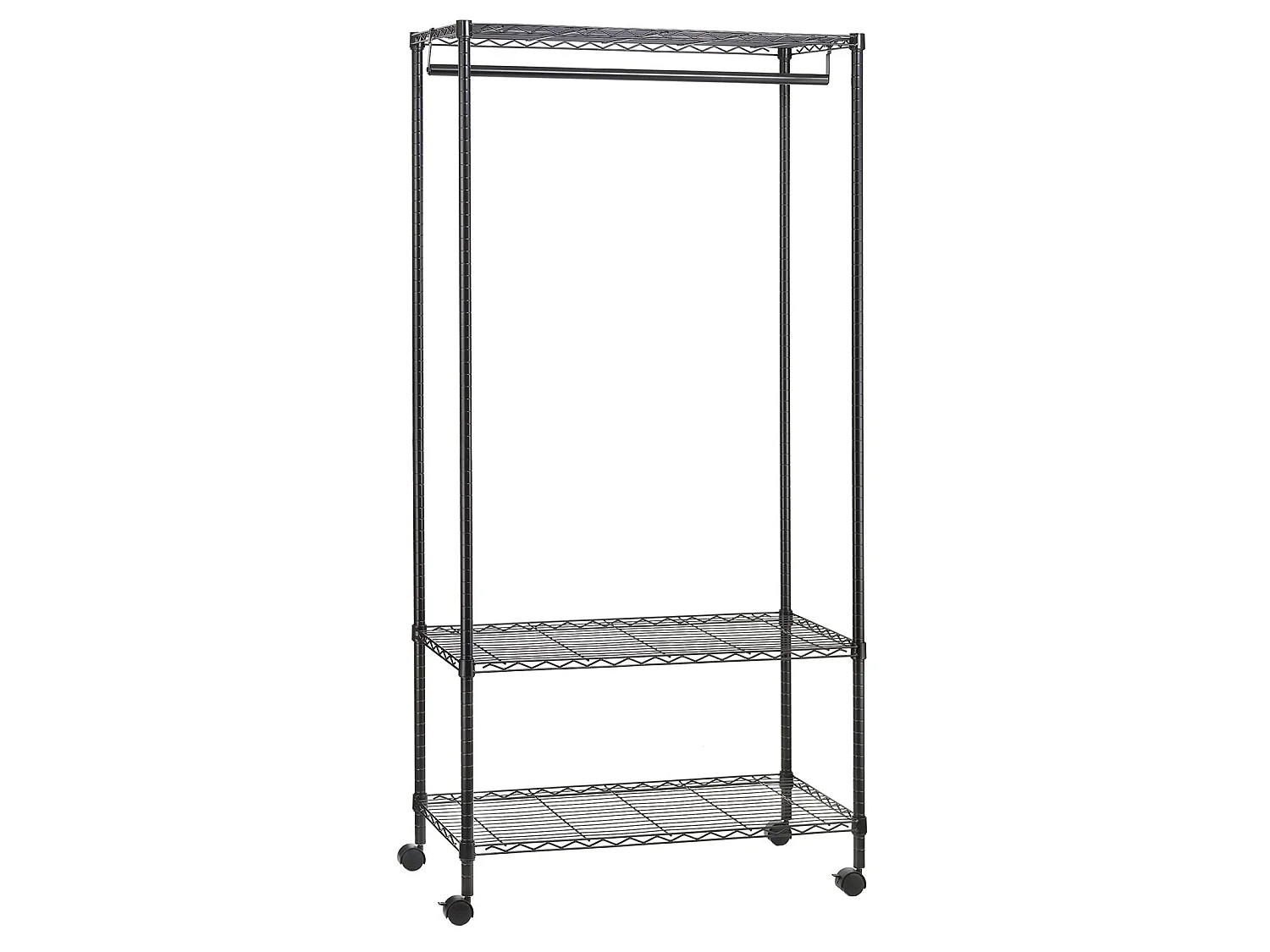 Portant à vêtements BRINDISI penderie simple sur roulettes vestiaire mobile avec 1 barre et 2 tablettes, en métal noir