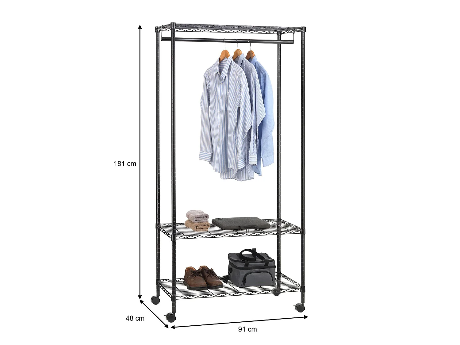 Portant à vêtements BRINDISI penderie simple sur roulettes vestiaire mobile avec 1 barre et 2 tablettes, en métal noir