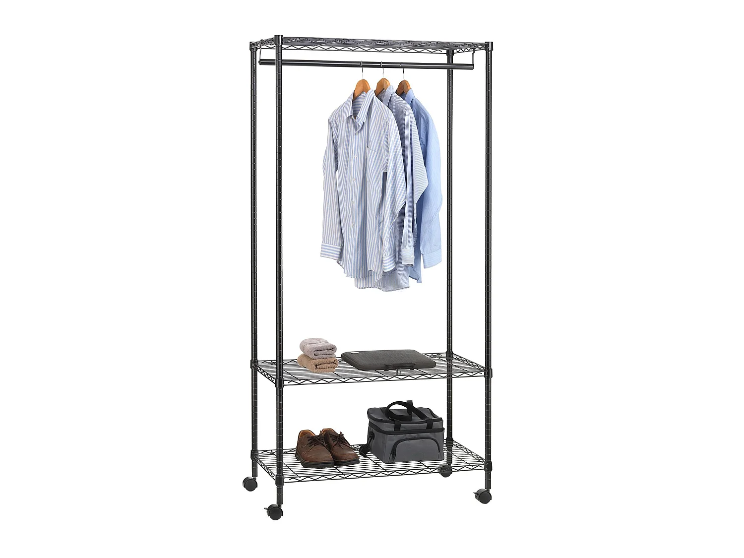 Portant à vêtements BRINDISI penderie simple sur roulettes vestiaire mobile avec 1 barre et 2 tablettes, en métal noir