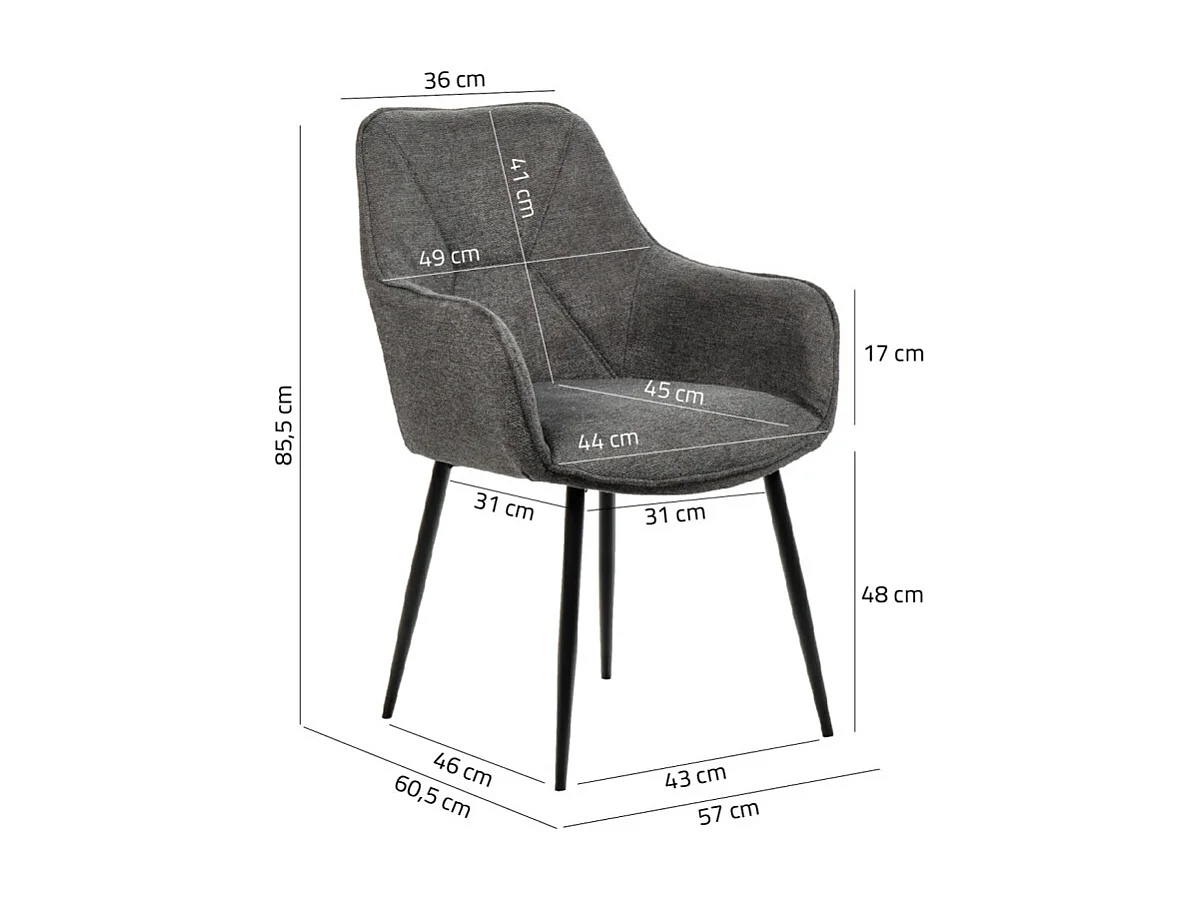 Lot de 2 chaises avec accoudoirs tissu gris et pieds métal - THEO