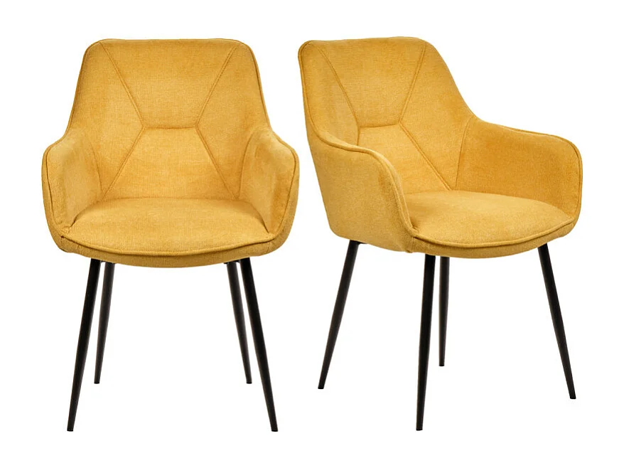 Lot de 2 chaises avec accoudoirs tissu jaune et pieds métal - THEO