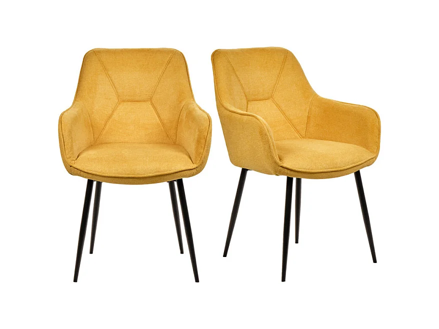 Lot de 2 chaises avec accoudoirs tissu jaune et pieds métal - THEO