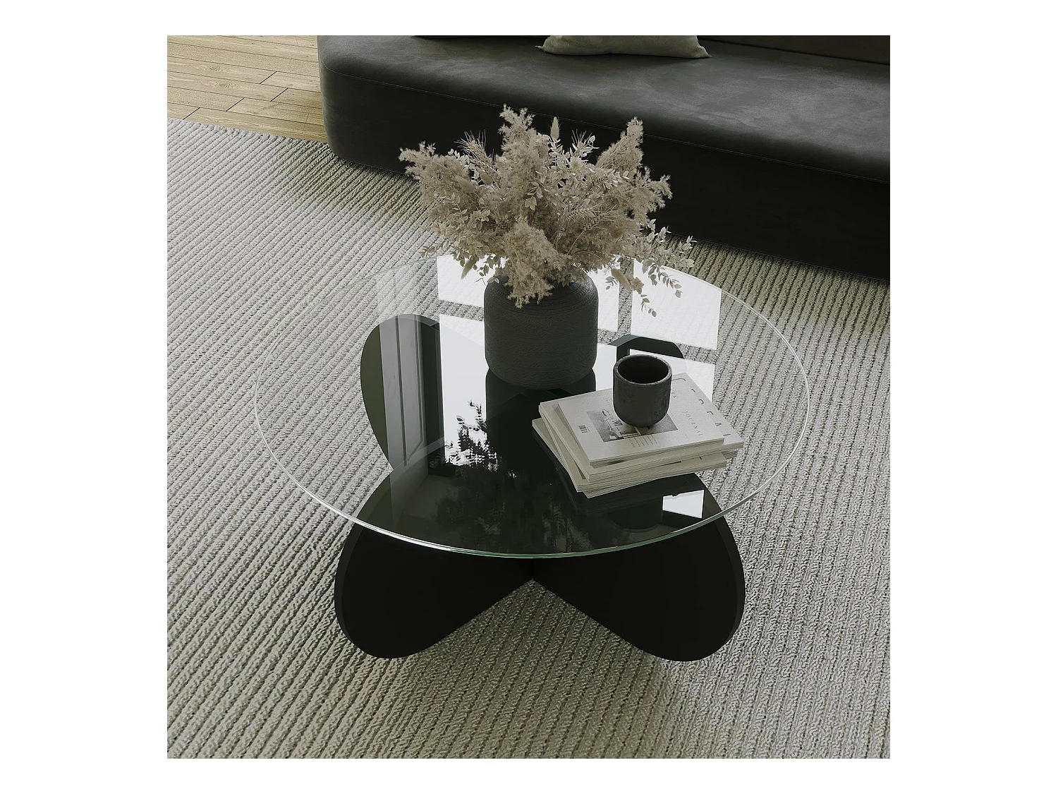 Mesa de café Kailua 239, Negro, 35cm, Diámetro: 75, Vidrio templado, Redonda